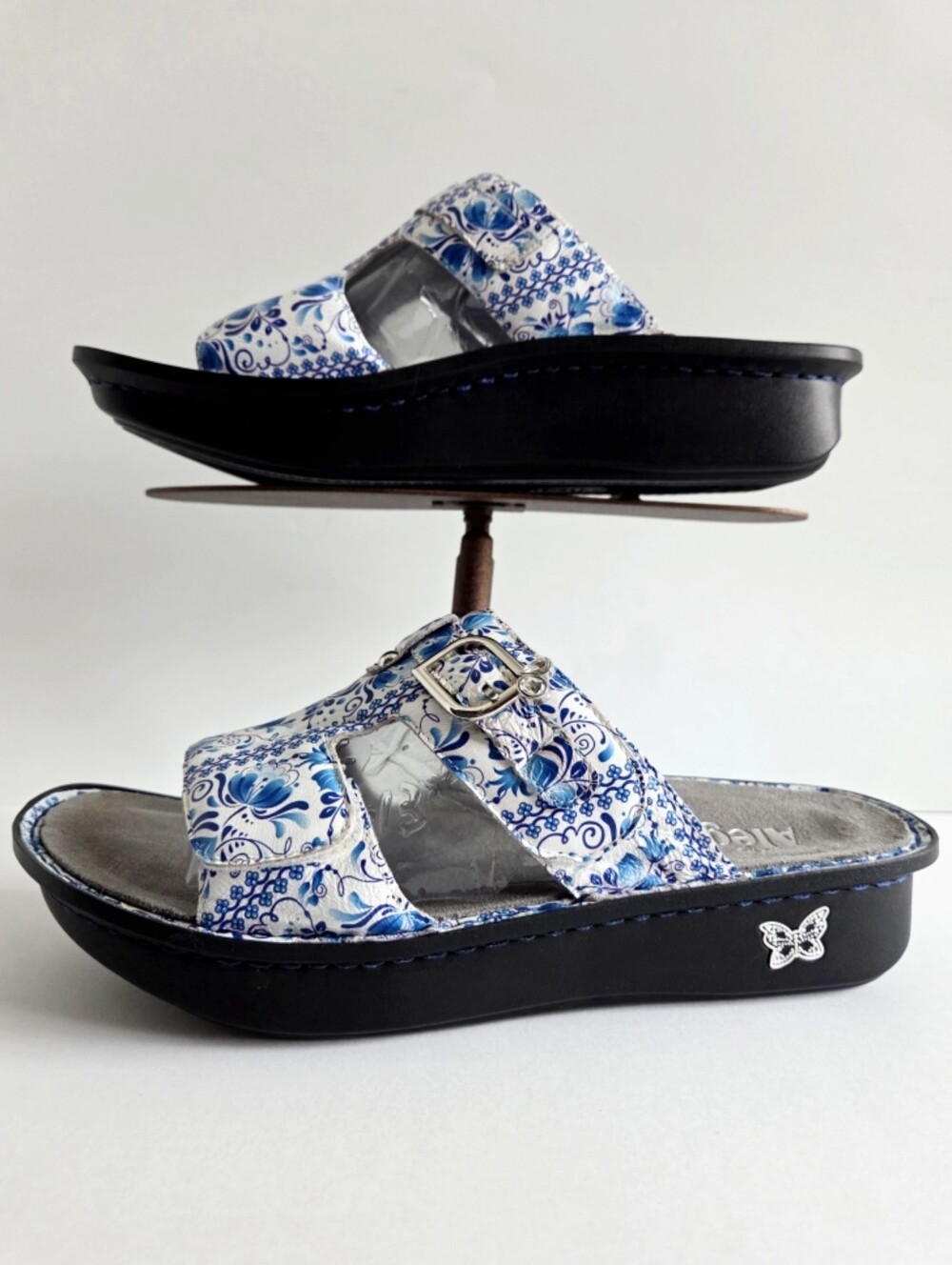 Alegria Peggy Slide Sandals Blue Leather Floral Paisley, Platform Slip-On 11.5
